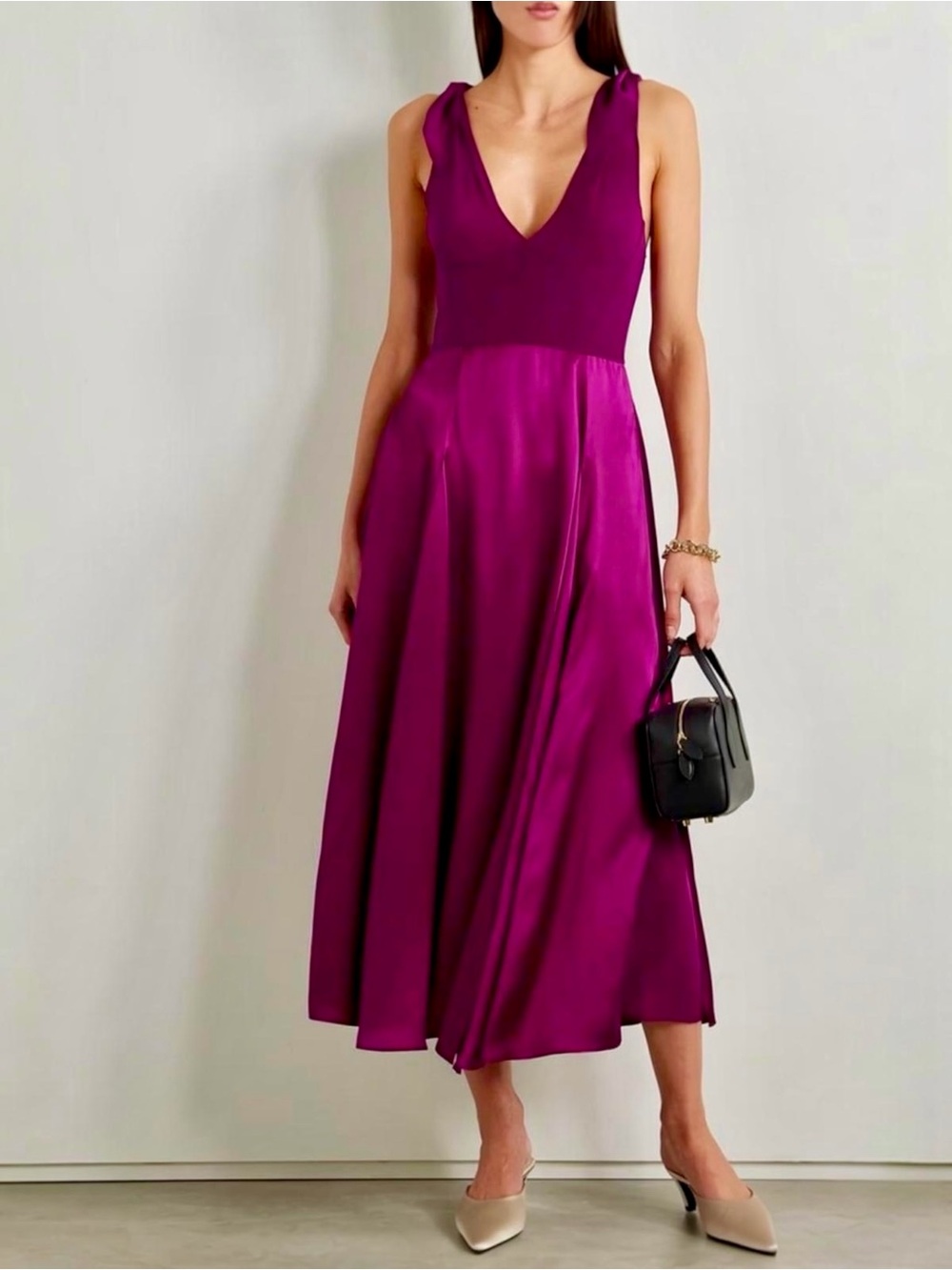 LA LIGNE Charlotte Women’s Silk-Chiffon Satin ALine Fuchsia Midi Dress Small NEW